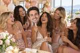 Bachelorette party celebrating with a groom Big Head cutout